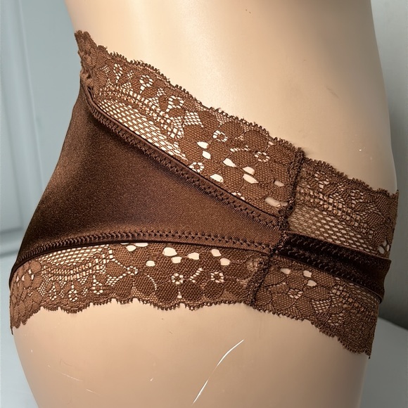 LAST PAIR! Silky Glossy Satin Lace Trim Chocolate Brown Cheeky Panty Sz S NWT - Picture 4 of 17